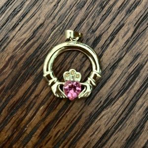 Gold (I think HGE) claddagh heart necklace (charm only) w/ simulated pink gem